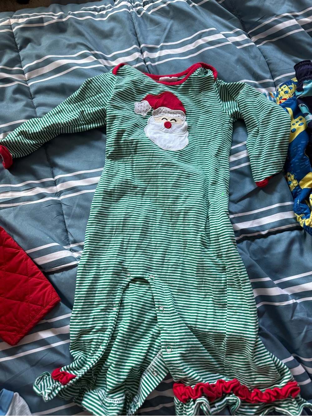 Stitchy Fish Green Striped Santa Kids romper with Red Trim ruffles
